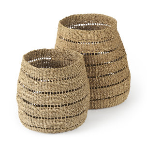 Hayes 17.7L x 17.7W x 11.8H (Set of 2) Medium Brown Seagrass Round Basket with Stripe Pattern 
