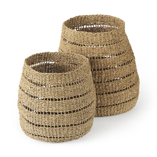 69589 - Hayes 17.7L x 17.7W x 11.8H (Set of 2) Medium Brown Seagrass Round Basket with Stripe Pattern 
