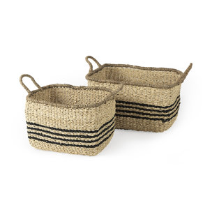 Emma (Set of 2) Light Brown Seagrass Rectangular Basket W/ Black Stripes