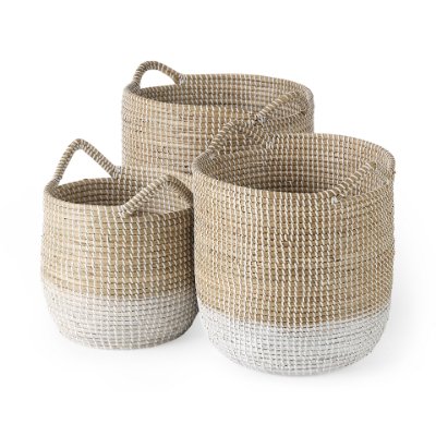 69594 - Maddie (Set of 3) Light Brown W/White Dipped Seagrass Round Basket  W/ Handles