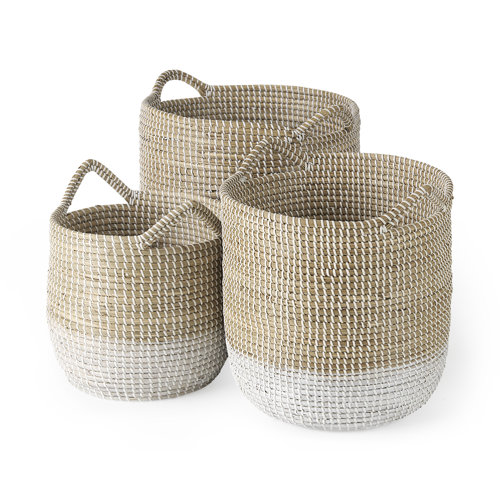 69594 - Maddie (Set of 3) Light Brown W/White Dipped Seagrass Round Basket  W/ Handles