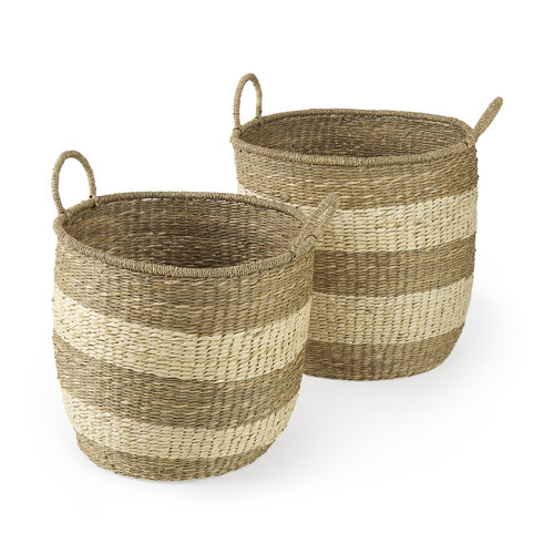 69596 - Bradley (Set of 2) Light Brown W/Striped Seagrass Basket W/ Handles