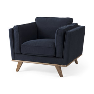 Brooks 41.7L x 34.8W x 33.5H Navy Blue Fabric Chair W/ Medium Brown Wooden Legs