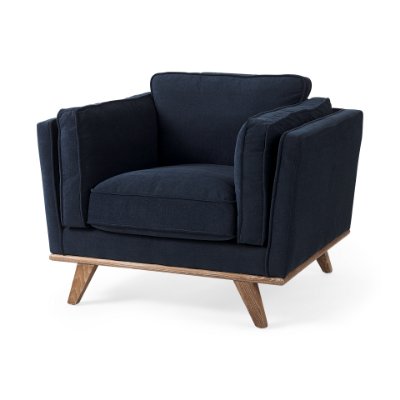 69618 - Brooks 41.7L x 34.8W x 33.5H Navy Blue Fabric Chair W/ Medium Brown Wooden Legs