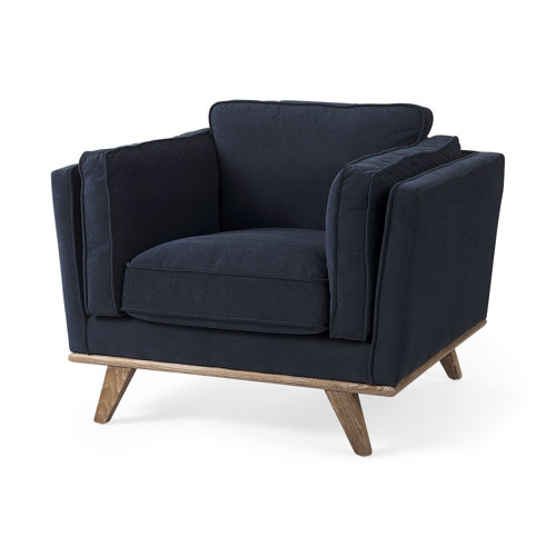 69618 - Brooks 41.7L x 34.8W x 33.5H Navy Blue Fabric Chair W/ Medium Brown Wooden Legs
