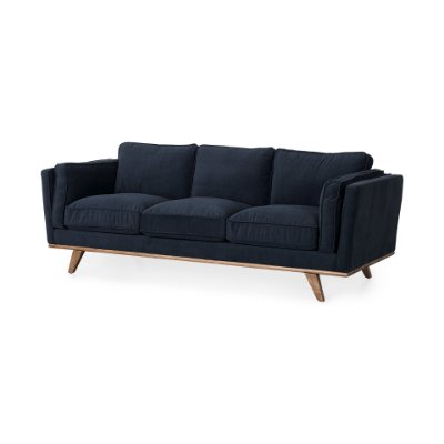 69621 - Brooks 90.2L x 34.8W x 33.5H Navy Blue Fabric Three Seater Sofa W/ Medium Brown Wooden Legs
