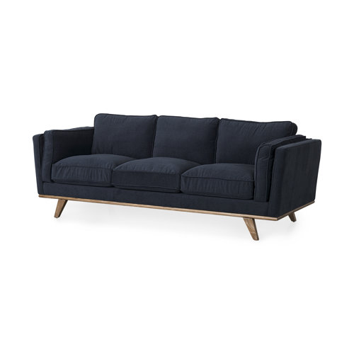 69621 - Brooks 90.2L x 34.8W x 33.5H Navy Blue Fabric Three Seater Sofa W/ Medium Brown Wooden Legs