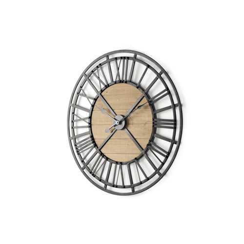 69654 - Lewiston 30.1L x 2.0W x 30.1H Black Iron W/Wood Round Wall Clock