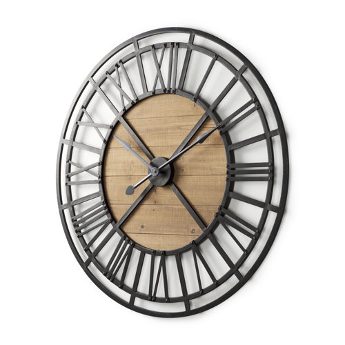 69656 - Lewiston 42.1L x 2.6W x 42.1H Black Iron W/Wood Round Wall Clock