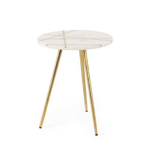 69674 - Vivienne  16.0L x 16.0W x 19.0H White Marble W/Antique Gold Metal Round Small Side Table