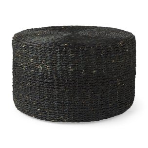 Dina 75L x 75W x 45H Black Cornhusk and Water Hyacinth Round Coffee Table Pouf 