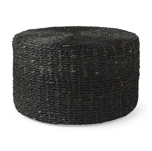 69579 - Dina 75L x 75W x 45H Black Cornhusk and Water Hyacinth Round Coffee Table Pouf 