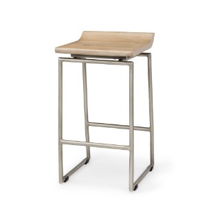 Givens Low Back 26in Seat Counter Stool | Brown Wood w/ Silver Metal