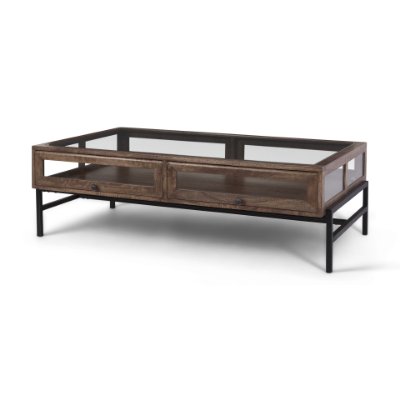 69747 - Arelius 49.5"L Rectangular Glass-Top Medium Brown Wood w/ Black Metal Base Display Coffee Table