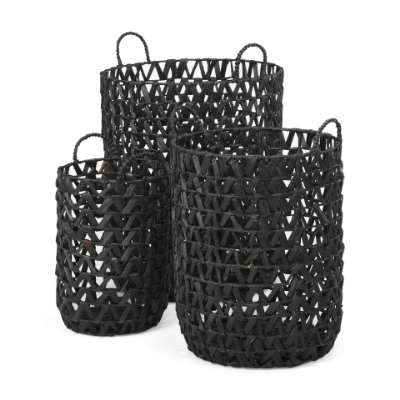 69608 - Lola (Set of 3) Black Water Hyacinth Zig Zag Weave Round Basket W/ Handles