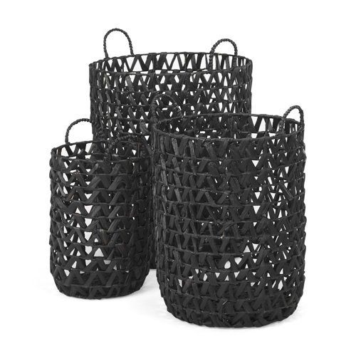 69608 - Lola (Set of 3) Black Water Hyacinth Zig Zag Weave Round Basket W/ Handles