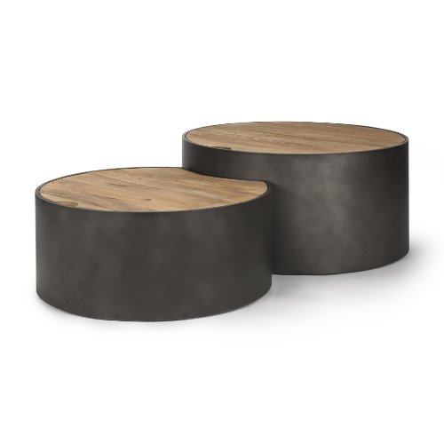 70240 - Eclipse Gunmetal Gray Drum Base w/ Brown Wood Top Nested Coffee Table