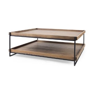 Trey 48x46 Rectangular Brown Solid Wood Top Table Black Metal Frame Two-Tier Coffee Table