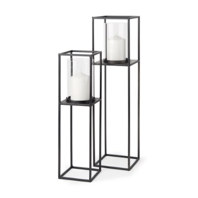 69849 - Cindy Set of 2 Matte Black Metal and Hurricane Glass Pillar Tabletop Candle Holders