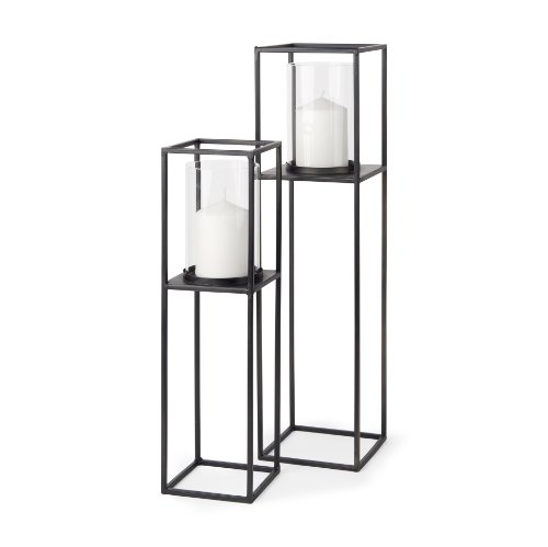 69849 - Cindy Set of 2 Matte Black Metal and Hurricane Glass Pillar Tabletop Candle Holders