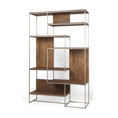 69104 - Morris III 47.25 X 15 X 75.5  Brown Wood and Silver Metal Frame 6 Shelf Shelving Unit