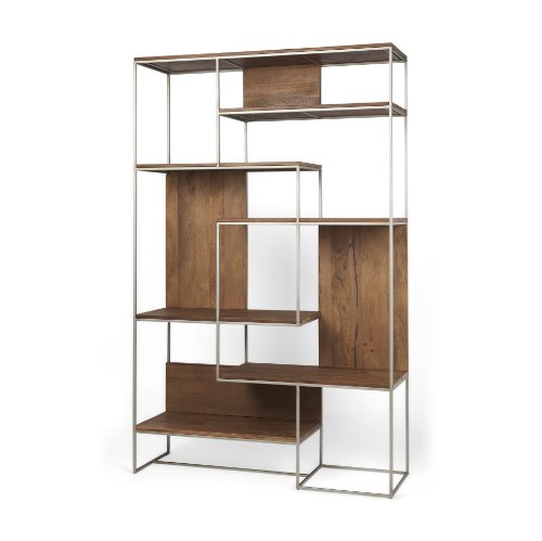 69104 - Morris III 47.25 X 15 X 75.5  Brown Wood and Silver Metal Frame 6 Shelf Shelving Unit