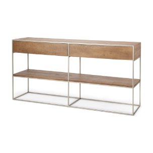 Morris I 63L x 15W x 31H Brown Wood w/ Silver Metal Frame 2 Drawer Console Table