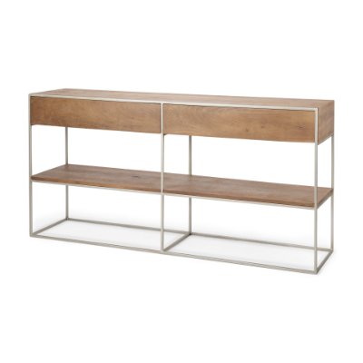 69102 - Morris I 63L x 15W x 31H Brown Wood w/ Silver Metal Frame 2 Drawer Console Table