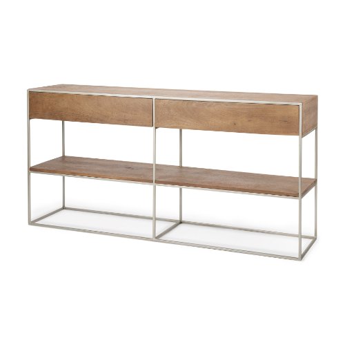 69102 - Morris I 63L x 15W x 31H Brown Wood w/ Silver Metal Frame 2 Drawer Console Table