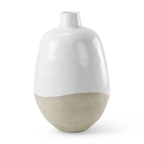 69796 - Amos 20.5L x 20.5W x 31.9H White and Dark Beige Color Blocked Ceramic Floor Vase