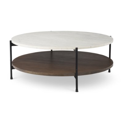 69925-AB - Larkin 42" Round Two-Tier White Marble Top and Solid Wood Shelf w/ Black Metal Frame Coffee Table
