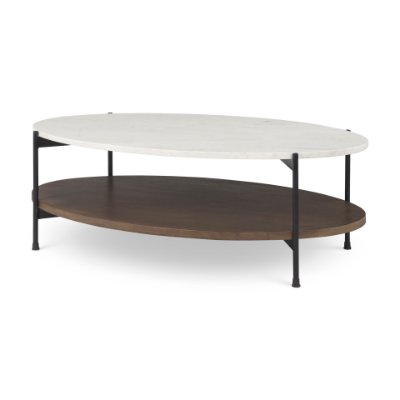 69978-AB - Larkin White Marble Top w/ Dark Brown Wood Shelf Oval Coffee Table