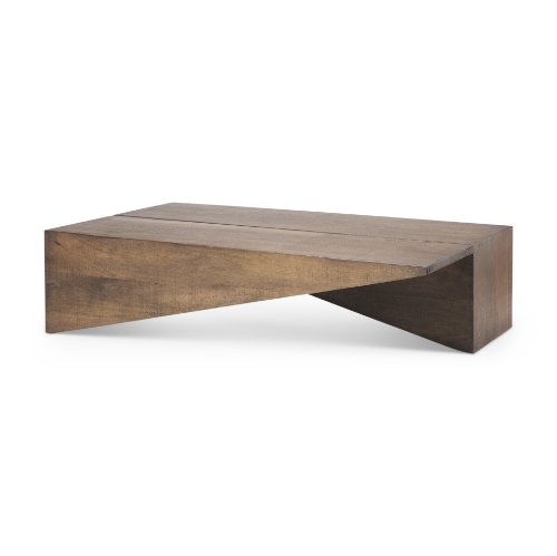 69781 - West 55L x 32W x 14H Medium Brown Wooden Angled Coffee Table