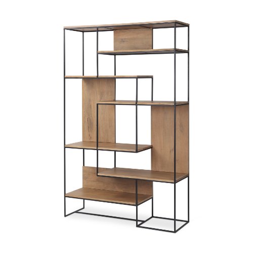 69718 - Morris 47.0L x 15.0W x 75.0H Light Brown Wood w/ Black Metal Frame 6-Tier Shelving Unit