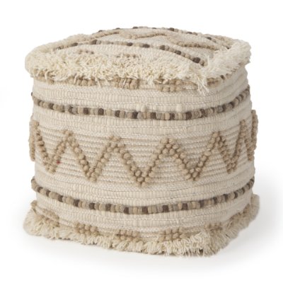 67585 - Caela Beige/Brown Wool, Cotton and Felt Popcorn Stitch Square Pouf 