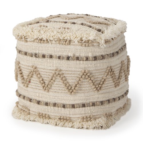 67585 - Caela Beige/Brown Wool, Cotton and Felt Popcorn Stitch Square Pouf 
