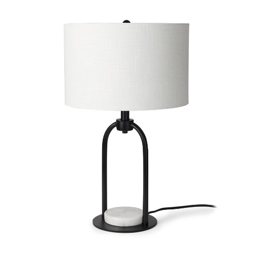 69702 - Sarah 15.0L x 10.0W x 22.2H Arched Black Metal W/Marble Cube and White Shade Table Lamp
