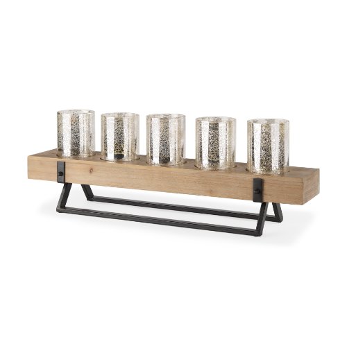 53085 - Benk Wood and Black Metal Five Cup Candle Holder 
