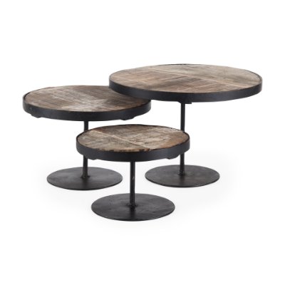 69143 - Lorenz (Set of 3) Light Brown Wood W/ Black Metal Base Round Decorative Display Stands
