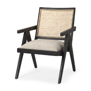 Donna Cane Back Dining Side Chair | Natural Linen w/ Black Wood