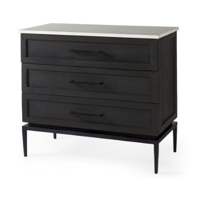 69201-AB - Divina Black-Brown Wood w/ White Marble Top and Black Metal Base Accent Cabinet