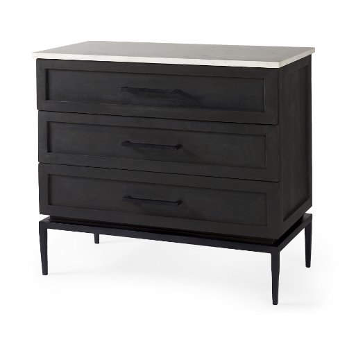 69201-AB - Divina Black-Brown Wood w/ White Marble Top and Black Metal Base Accent Cabinet