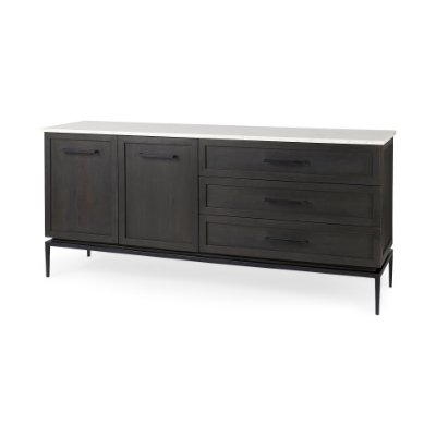 69208-AB - Divina Black-Brown Wood w/ White Marble Top and Black Metal Base Sideboard