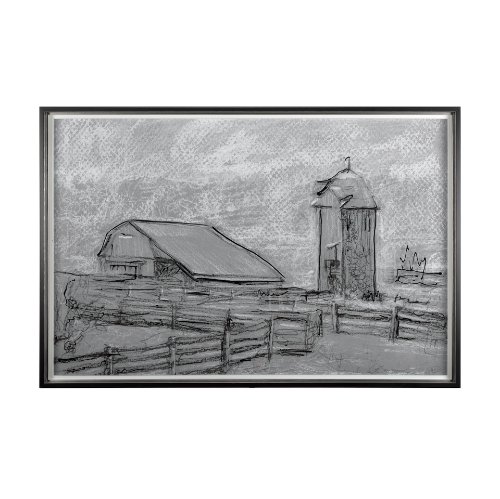 14532 - Farm view sketch II by Mercana Studio Hand Embellished Textured Framed Art Print Matted under Glass