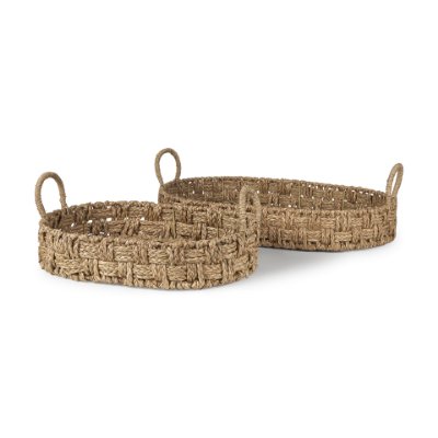 70228 - Haini Set of 2 Large Basketweave Seagrass Trays w/ Loop Handles