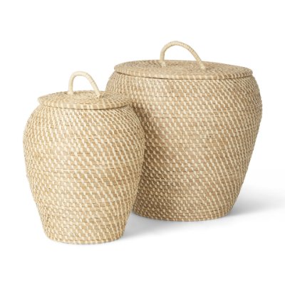 70232 - Kalopa Set of 2 Seagrass Floor Baskets w/ Flat Handled Lid