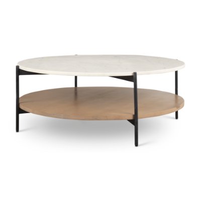 69924-AB - Larkin Marble Top w/ Brown Wood Shelf Round Coffee Table