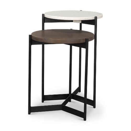 70170 - Larkin Marble & Dark Brown Wood Tabletop Nesting End/Side Tables