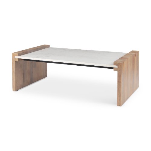 69911-AB - Athens  48.0L x 28.0W x 16.0H Light Brown Wood and White Marble Coffee Table