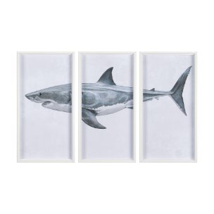 Great White Shark by Ariana a Triptych Hand Embellished Textured Framed Art Print Matted under Glass